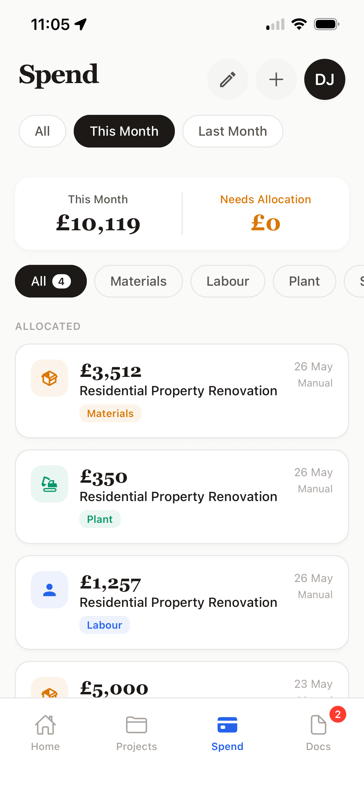 Spend tab — £10,119 spent this month with no unallocated costs, filtered by All, Materials, Labour and Plant, four allocated entries against the Residential Property Renovation job